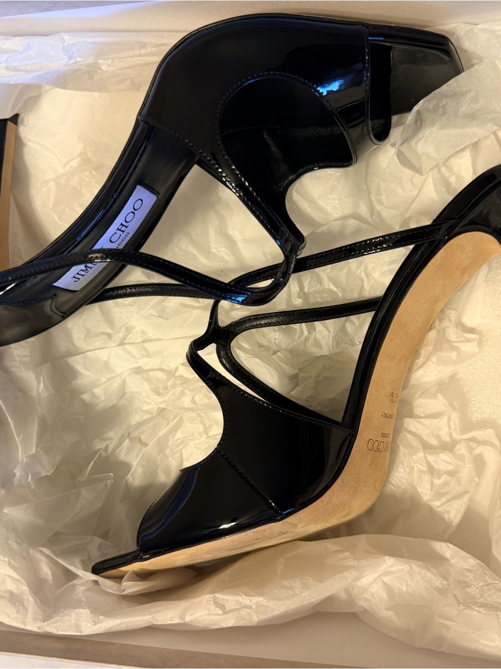 Jimmy Choo Black Patent Leather Strappy Peep-Toe Heels- worn once